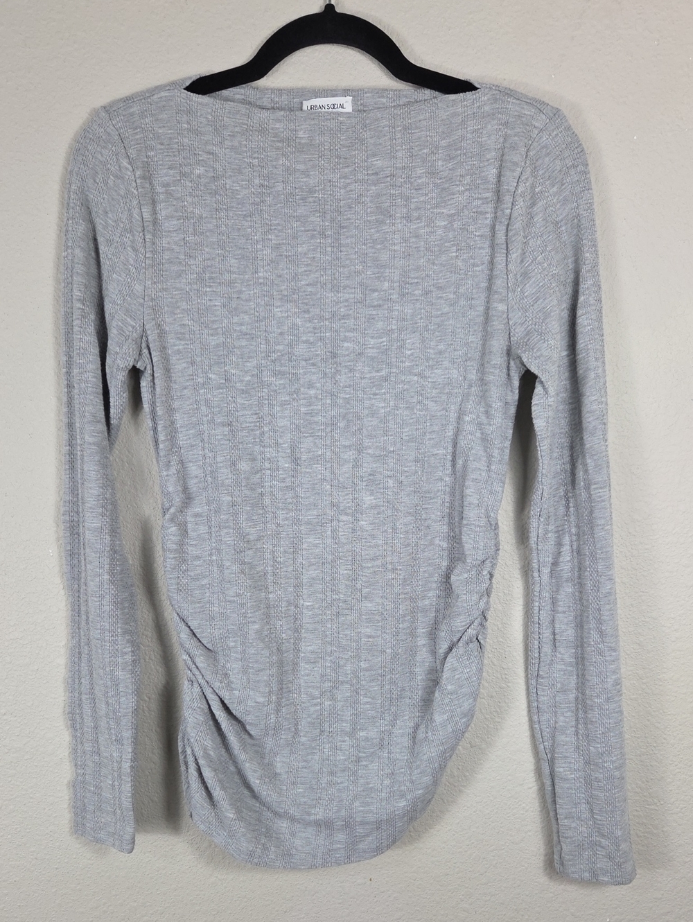 Urban Social Gray Textured Long Sleeve Top Large Stretch Knit Casual Ruched
